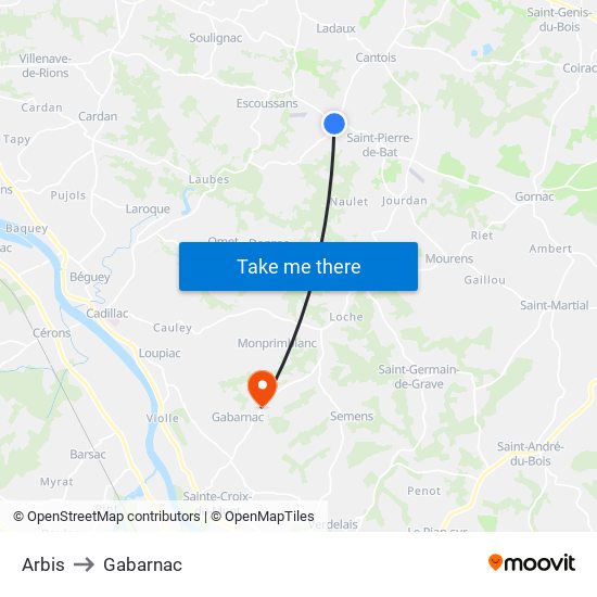 Arbis to Gabarnac map