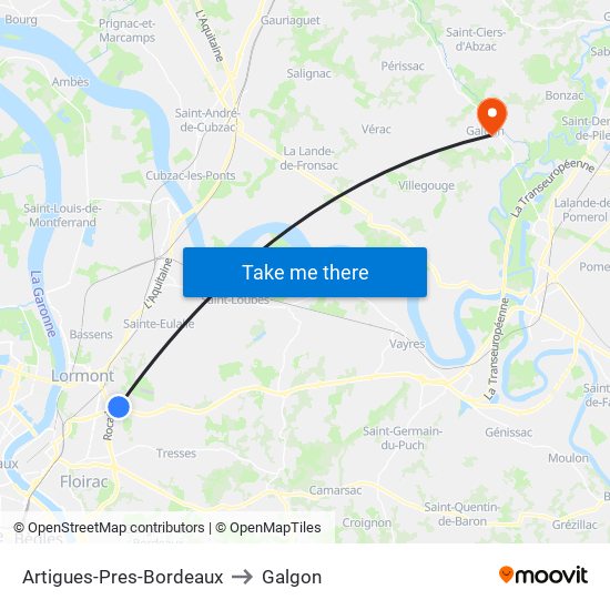 Artigues-Pres-Bordeaux to Galgon map