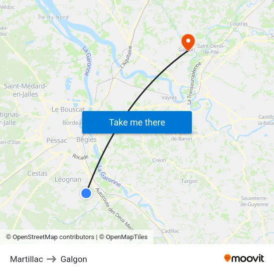 Martillac to Galgon map