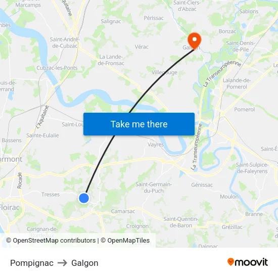Pompignac to Galgon map