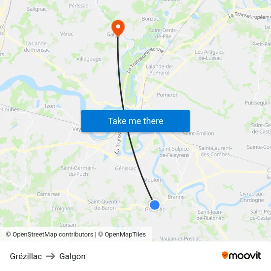 Grézillac to Galgon map
