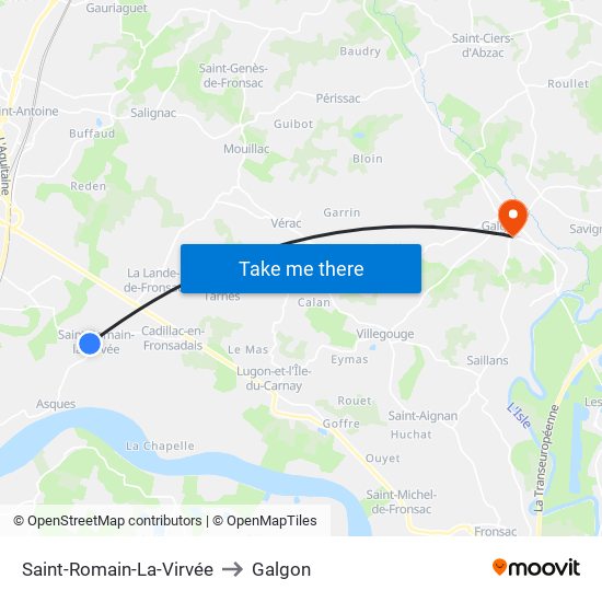 Saint-Romain-La-Virvée to Galgon map