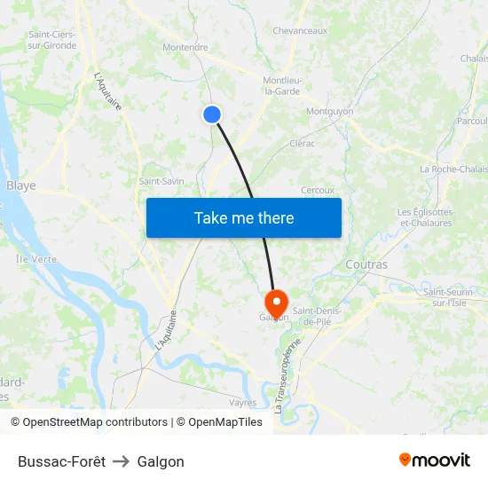 Bussac-Forêt to Galgon map
