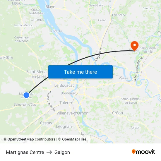 Martignas Centre to Galgon map