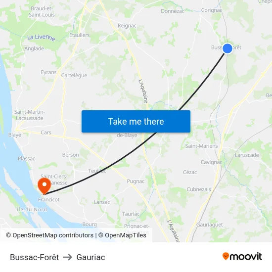 Bussac-Forêt to Gauriac map