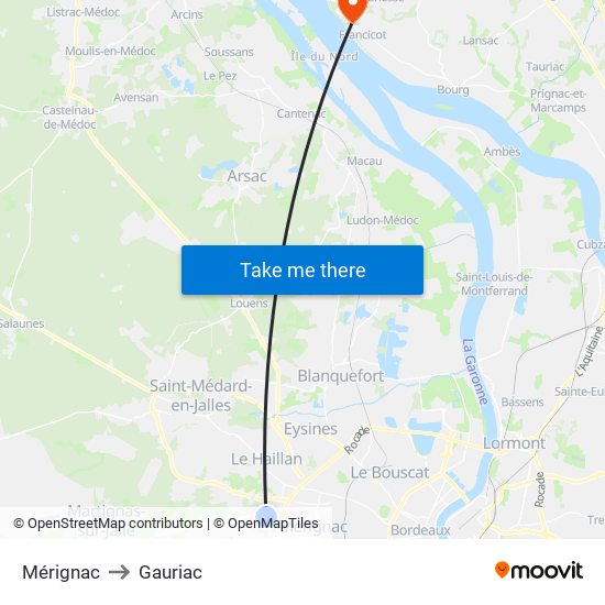 Mérignac to Gauriac map