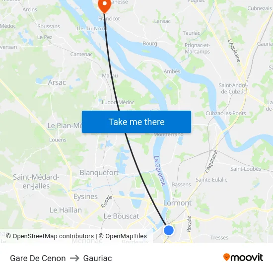 Gare De Cenon to Gauriac map