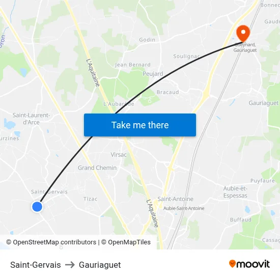 Saint-Gervais to Gauriaguet map