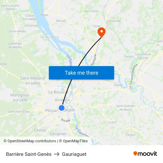 Barrière Saint-Genès to Gauriaguet map