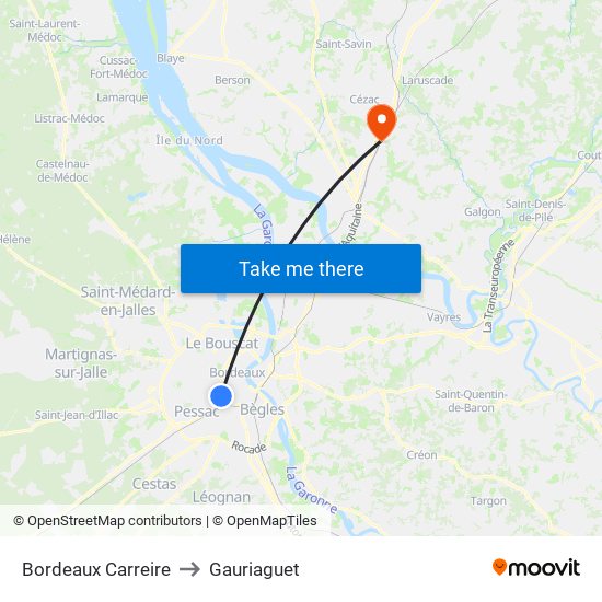 Bordeaux Carreire to Gauriaguet map