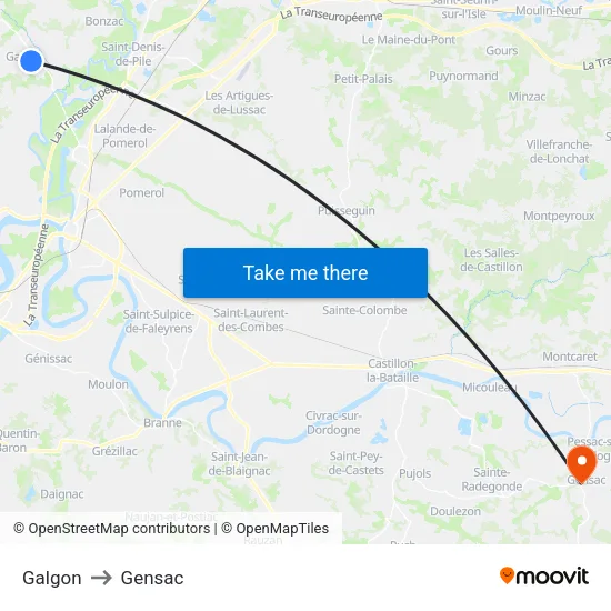 Galgon to Gensac map