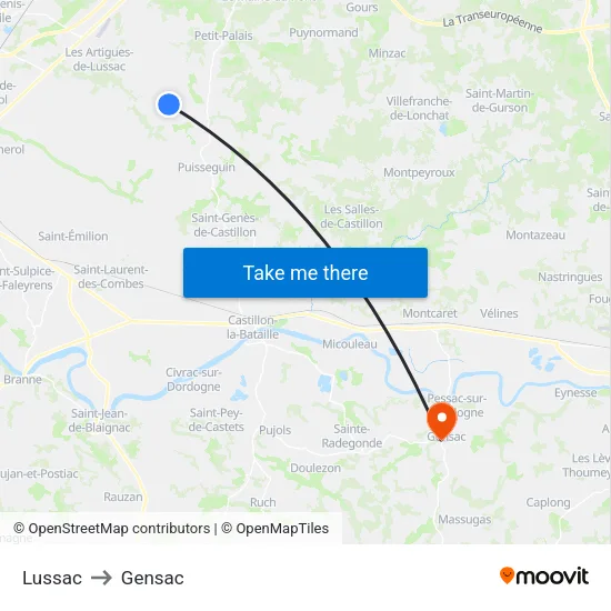 Lussac to Gensac map