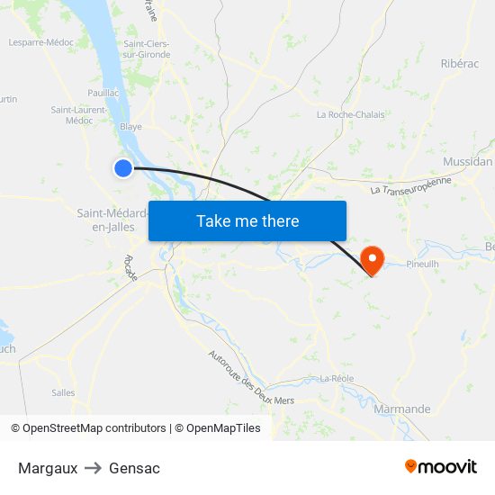 Margaux to Gensac map