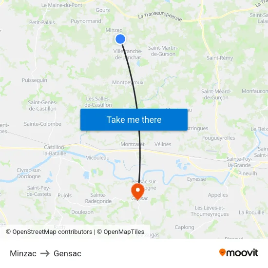 Minzac to Gensac map