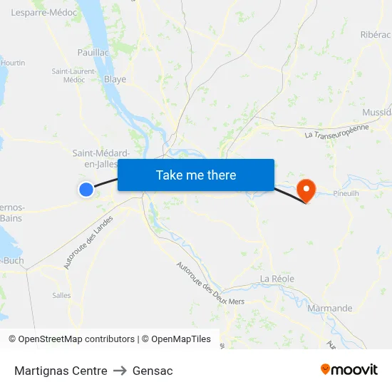 Martignas Centre to Gensac map
