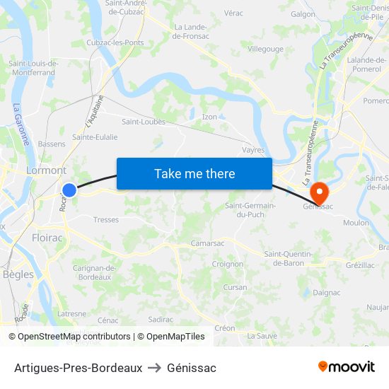 Artigues-Pres-Bordeaux to Génissac map