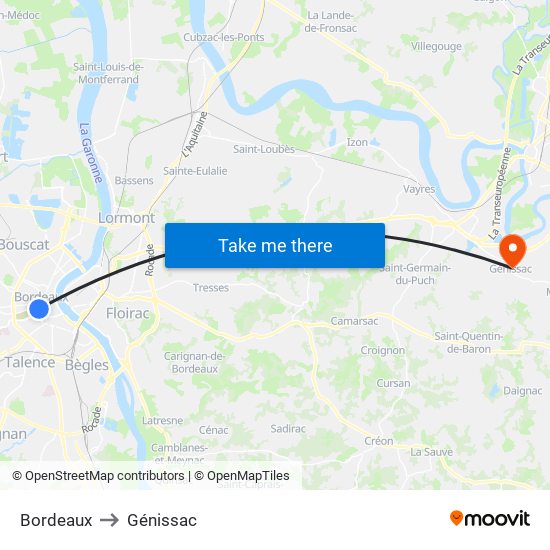 Bordeaux to Génissac map