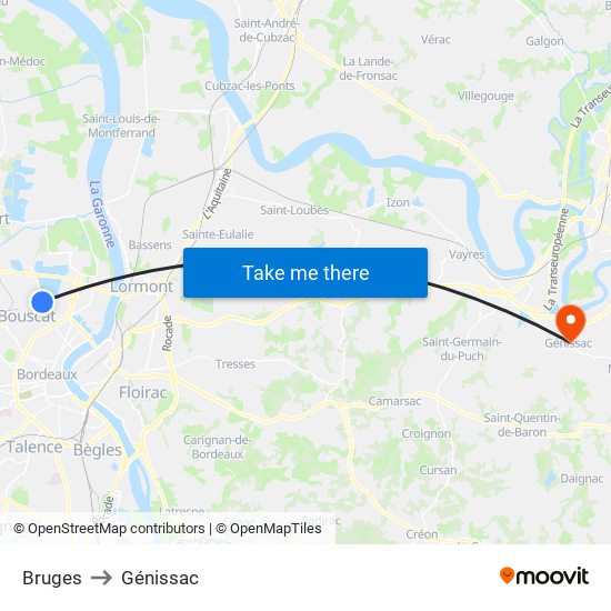 Bruges to Génissac map