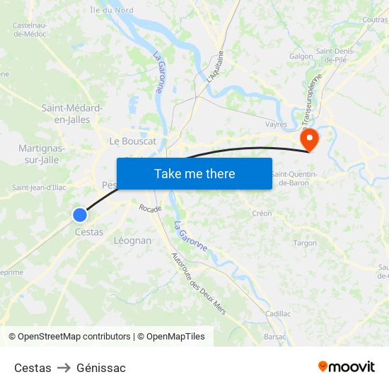 Cestas to Génissac map
