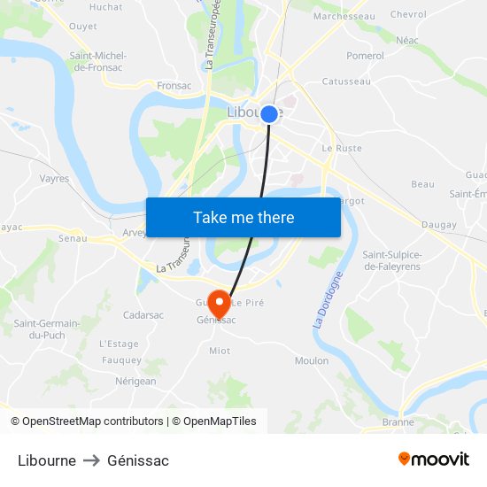 Libourne to Génissac map