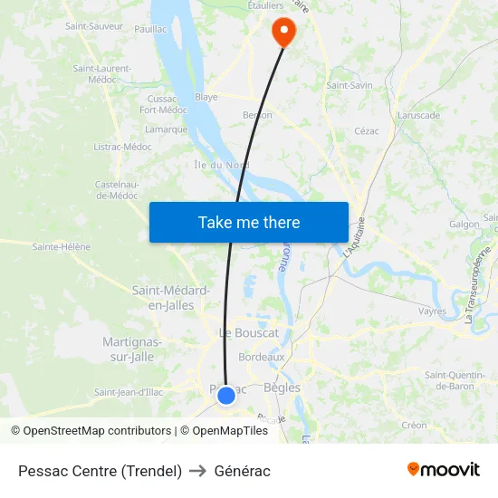 Pessac Centre (Trendel) to Générac map