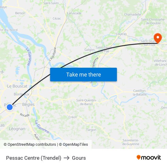 Pessac Centre (Trendel) to Gours map