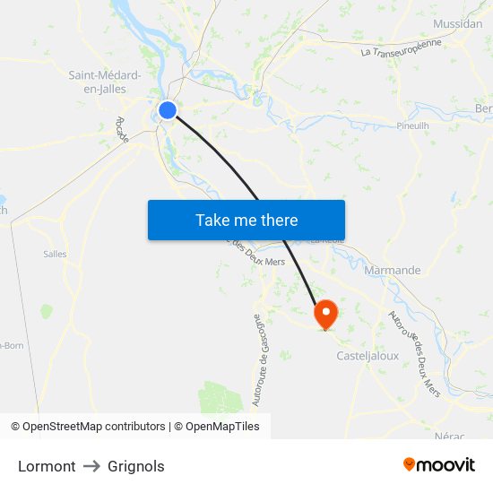 Lormont to Grignols map