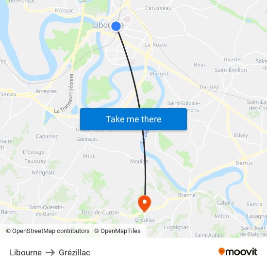Libourne to Grézillac map