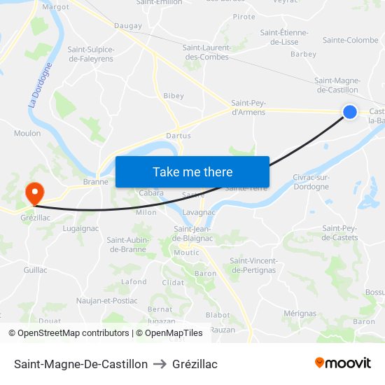 Saint-Magne-De-Castillon to Grézillac map