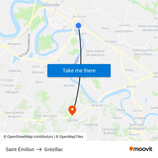 Saint-Émilion to Grézillac map