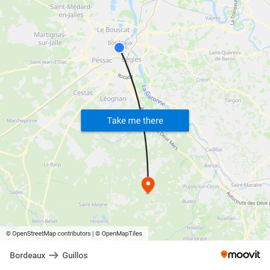 Bordeaux to Guillos map