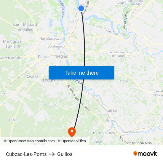 Cubzac-Les-Ponts to Guillos map