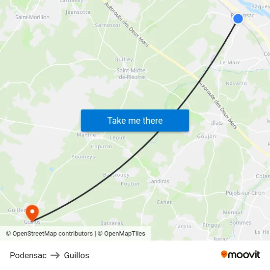 Podensac to Guillos map