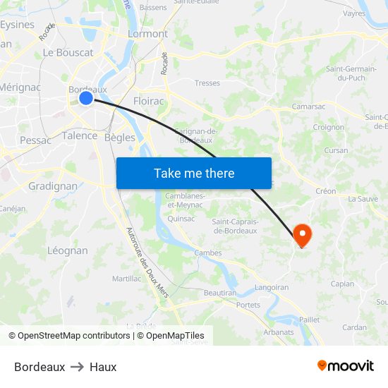 Bordeaux to Haux map