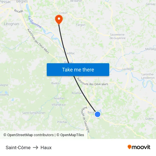 Saint-Côme to Haux map