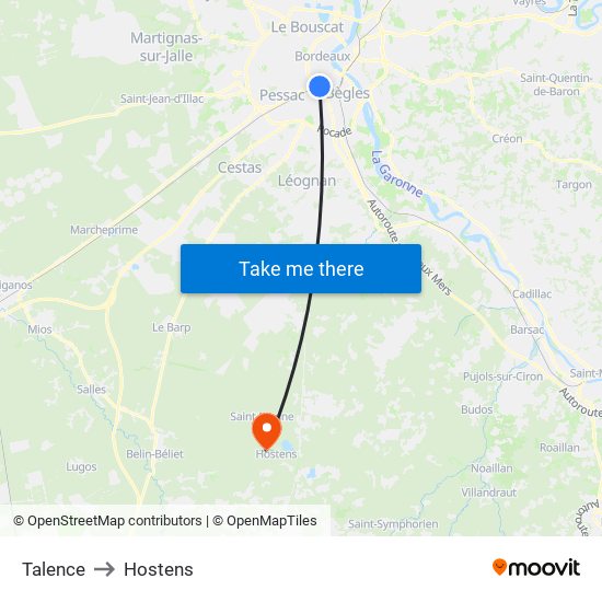 Talence to Hostens map