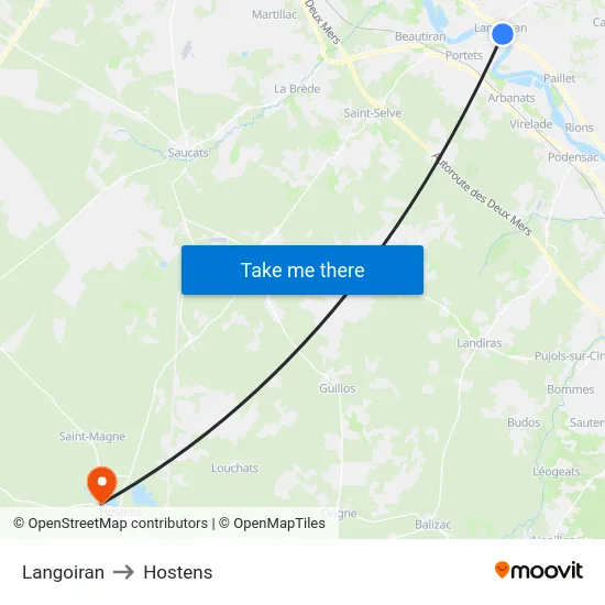 Langoiran to Hostens map