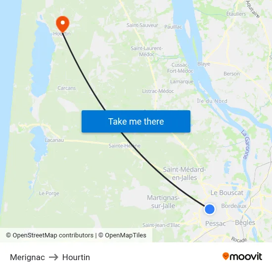 Merignac to Hourtin map
