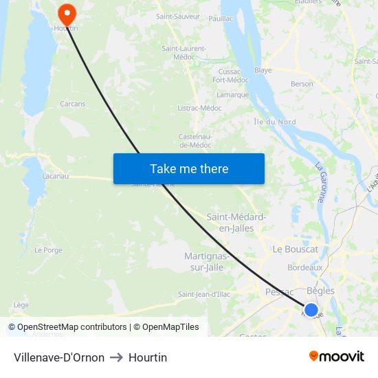 Villenave-D'Ornon to Hourtin map