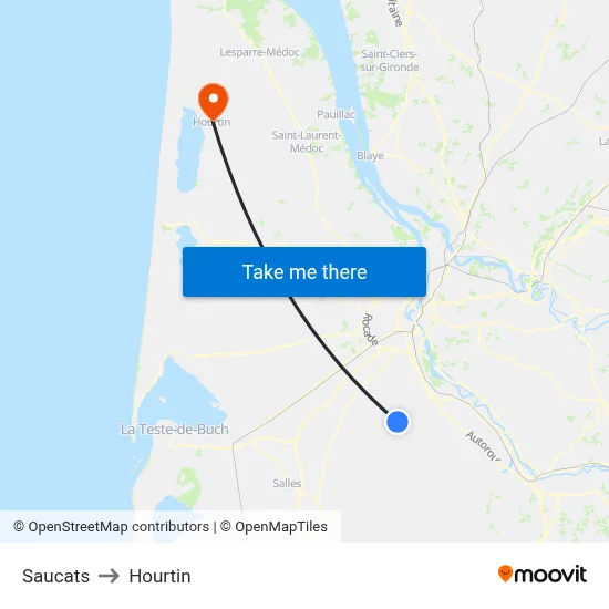 Saucats to Hourtin map