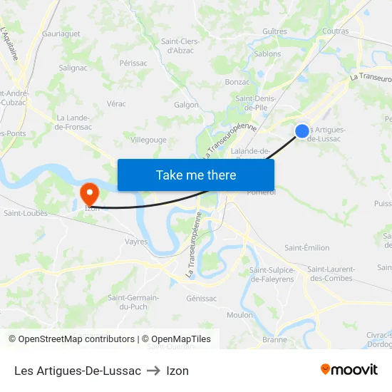 Les Artigues-De-Lussac to Izon map