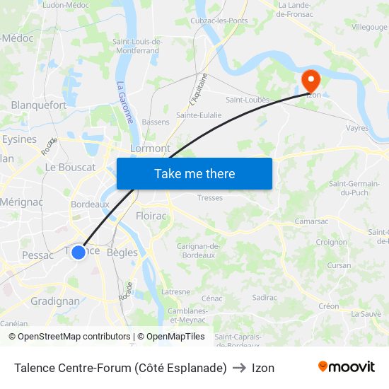 Talence Centre-Forum (Côté Esplanade) to Izon map