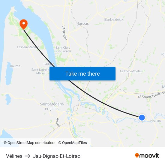 Vélines to Jau-Dignac-Et-Loirac map