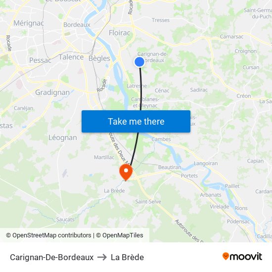 Carignan-De-Bordeaux to La Brède map