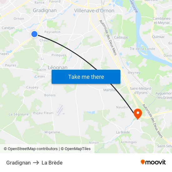 Gradignan to La Brède map