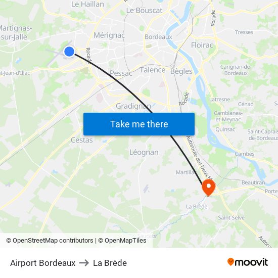 Airport Bordeaux to La Brède map