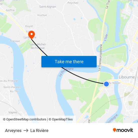 Arveyres to La Rivière map