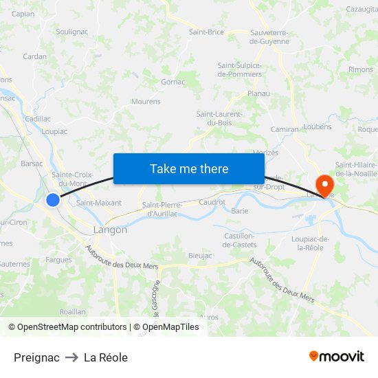 Preignac to La Réole map