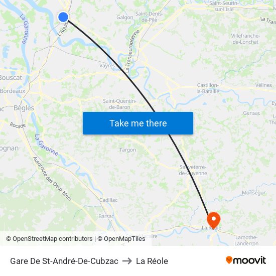 Gare De St-André-De-Cubzac to La Réole map