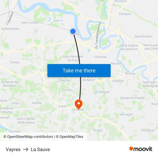 Vayres to La Sauve map